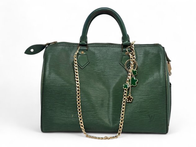Louis Vuitton Speedy Purse in Borneo Green Epi Leather w/ Lock & Key Set, Chain Accessory & Flower Keychain