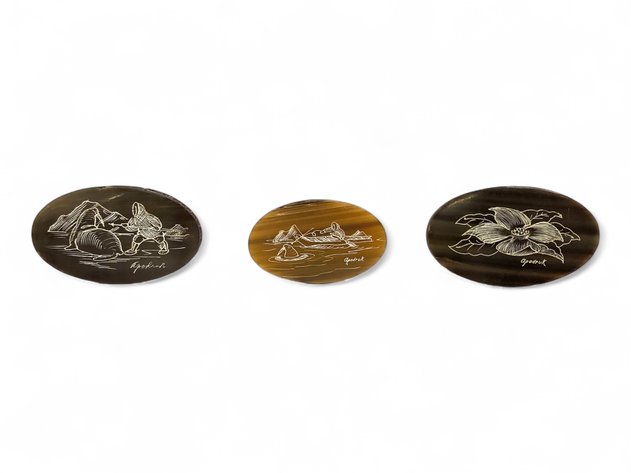 Harry Apodruk Scrimshaw Baleen Brooches