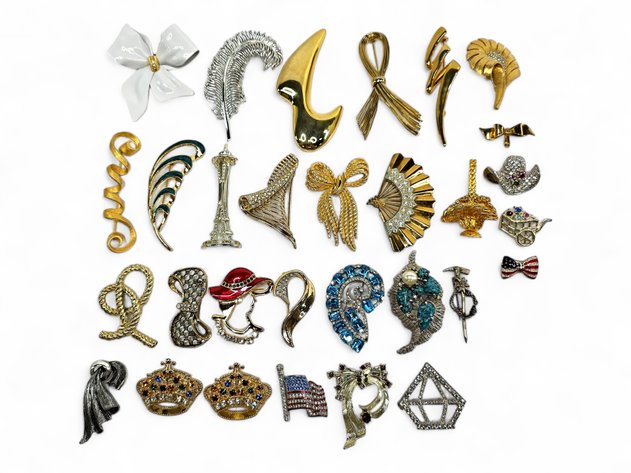 Royal Crown, American Flag, Ribbon Bow, Space Needle & More Brooches