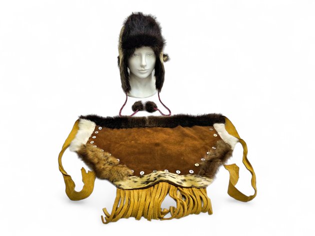 Fur Trapper Hat & Suede Fringed Ceremonial Apron w/ Furs