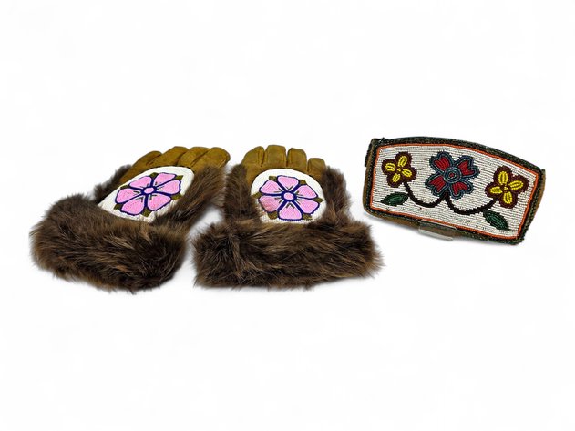 Beaded Beaver Fur Gloves & Clutch Wallet
