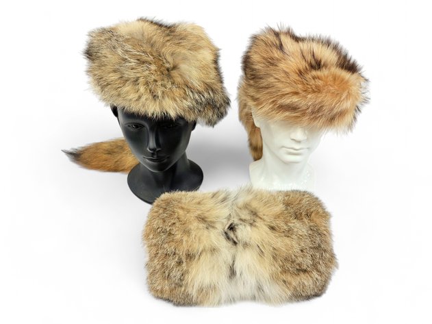 Coyote Fur Hat, Bobcat Hand Warmer & Raccoon Fur Hat