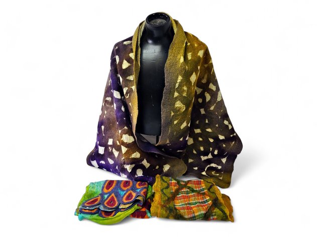 Silk & Wool Peacock Wrap, Purple & Yellow Doodle Wrap & Plaid Wrap