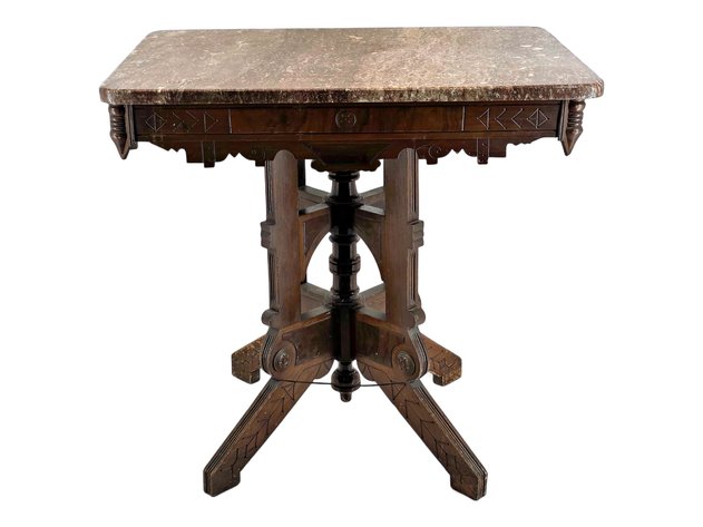 19th C. Eastlake Walnut Marble-Top Parlor Table