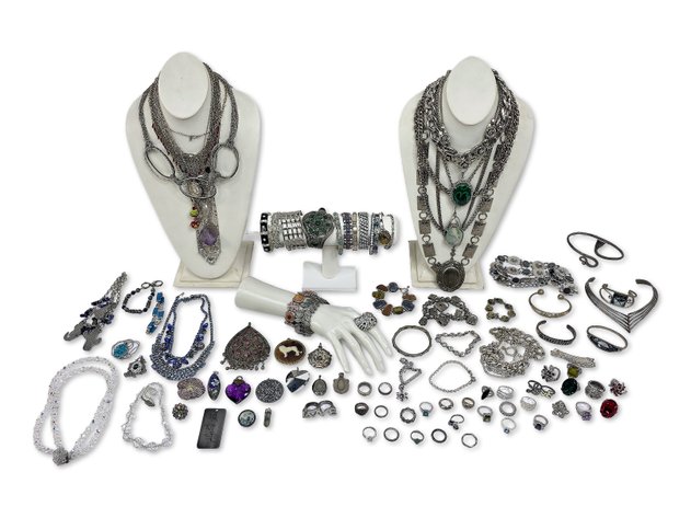 Sequin Tie, Rose Bib & Blue Rhinestone Necklaces, Purple Heart Pendant & More