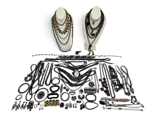 Black Beaded Necklaces & Bracelets, Feather Brooch, Earrings & More