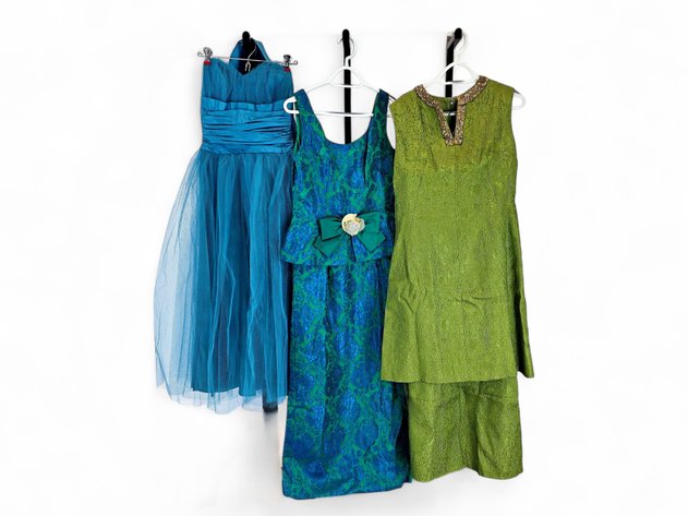 Teal Cocktail Dress, Green & Blue Brocade Maxi Dress & Olive Green Brocade Tunic Dress