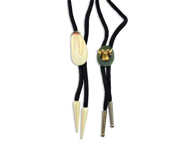 Bolo Ties w/ Walrus Ivory Head & 10k Yellow Gold Ram Head