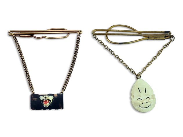 Walrus Ivory Polar Bear & Billiken Tie Clips w/ Chains
