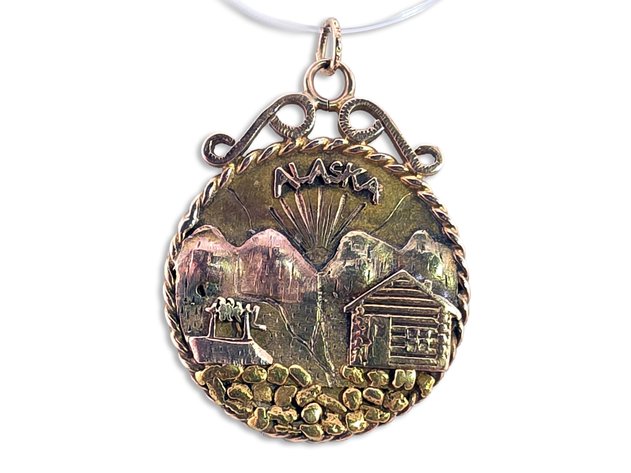 14k Multi-Tone Gold Pendant w/ Alaska Scenery & Gold Nuggets
