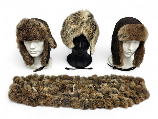 Trapper & Stetson Aviator Hats w/ Fur/Leather & Rabbit Fur Pom-Pom Scarf