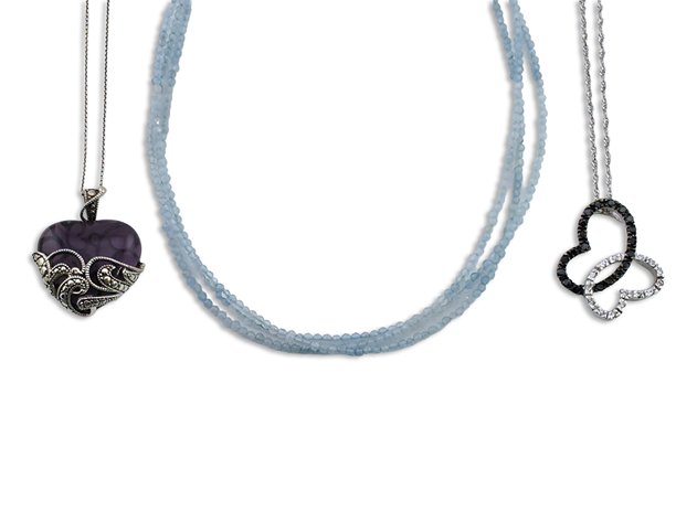 Sterling Silver Necklaces w/ Purple Glass Heart, Light Blue Beads & Double-Heart Pendant