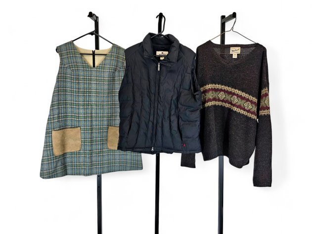 Tweed Pinafore Dress, Woolrich Vest & Sweater