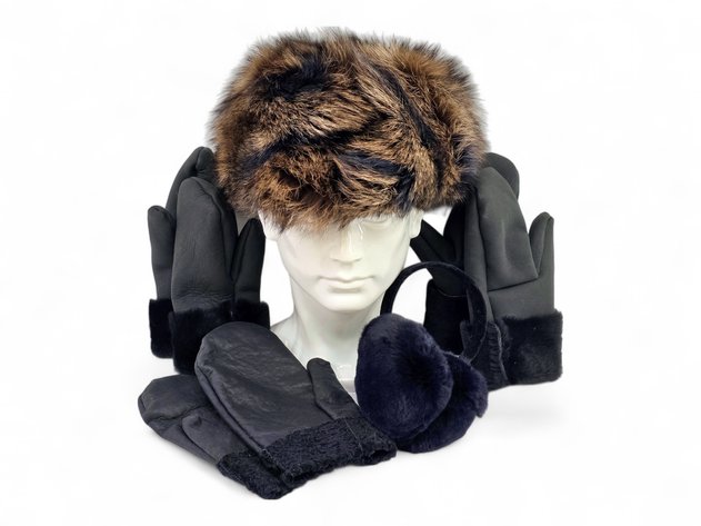 Fox Fur Hat, Rabbit Fur Earmuffs & Sheepskin Mittens