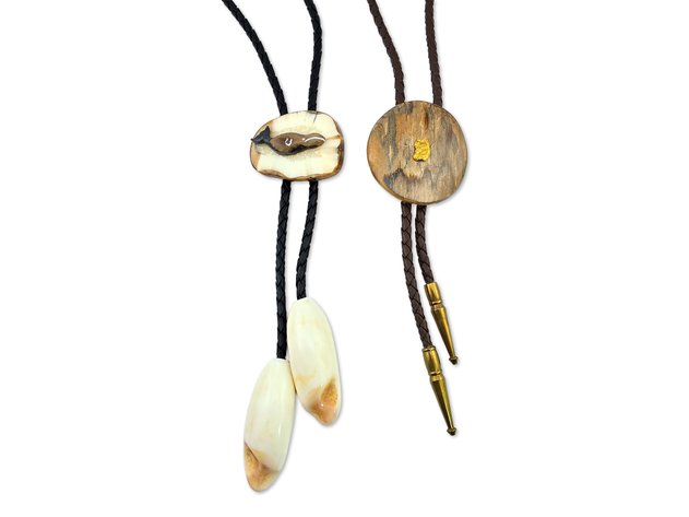 Walrus Ivory Bolo Ties w/ Whale Carving & Gold Nugget