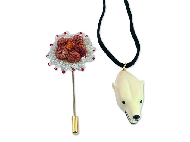 Jim Aningayou Floral Beaded Stick Pin & Walrus Ivory Polar Bear Head Pendant
