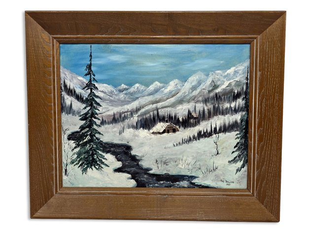 Fay Malone Original Oil Painting of Isolated Winter Cabin & Cache