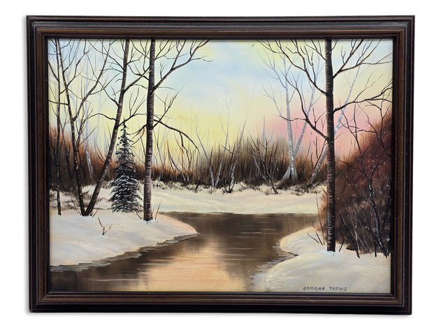 Edmona Toews Original Oil Painting of Snowy Riverbank & Sunset