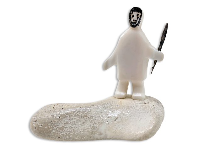 Walrus Ivory Hunter Figurine on Bone Base