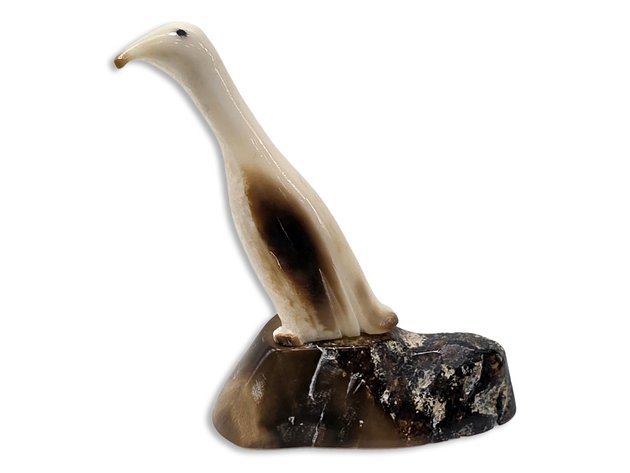 Fossilized Walrus Ivory Cormorant Figurine on Walrus Ivory Base