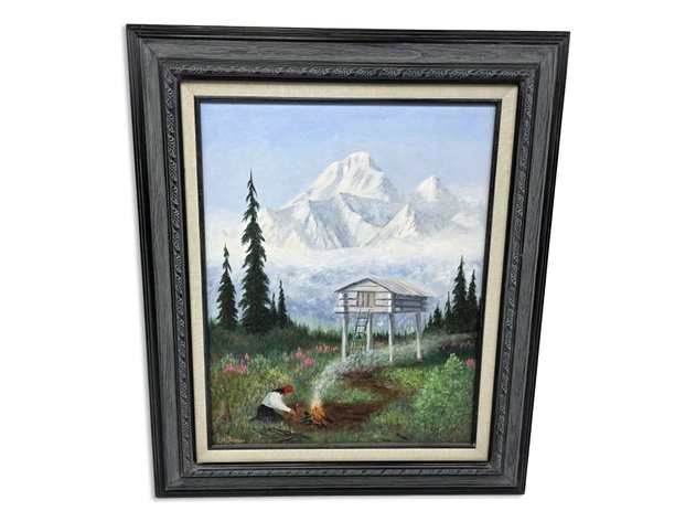 L.M. Johnson Original Acrylic Painting of Woman & White Wooden Cache