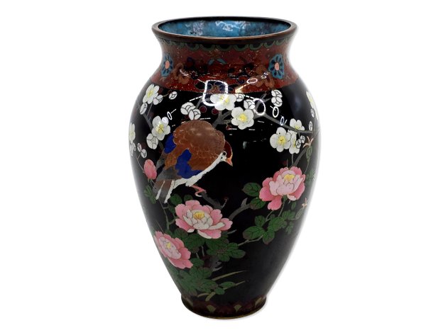 Meiji Japanese Black-Ground Cloisonné Bird & Flower Vase