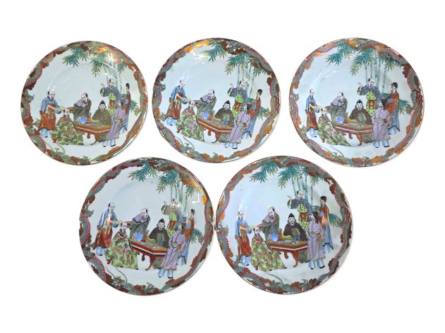 Five Japanese Nakamura Porcelain Bowls with Sages & Dragons, Meiji–Taisho