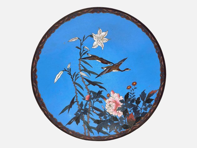 Meiji Japanese Blue Cloisonné Geese & Peony Charger