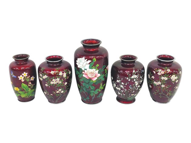 Five Japanese Ruby-Red Ginbari Cloisonné Enamel Vases
