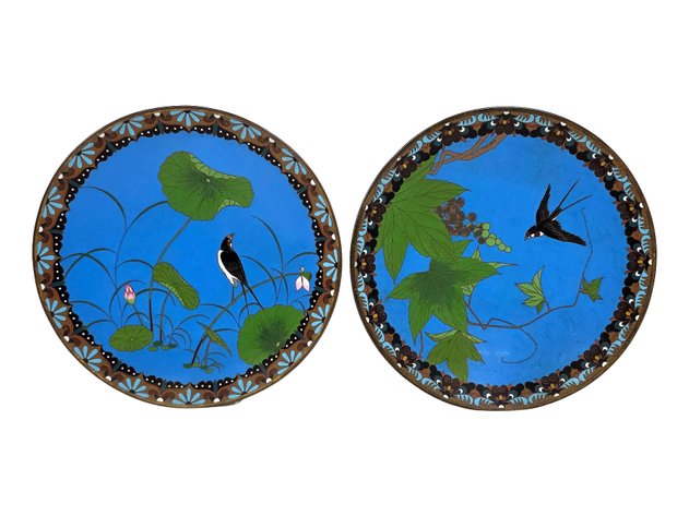 Two Meiji Japanese Cloisonné Swallow Chargers