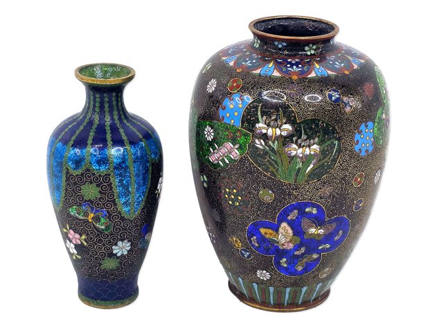 Two Meiji Japanese Cloisonné Floral & Butterfly Vases