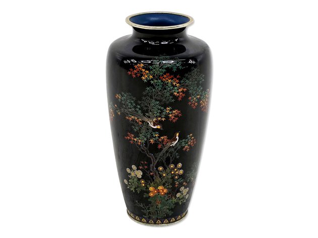 Meiji Japanese Cloisonné Bird & Autumn Maple Vase
