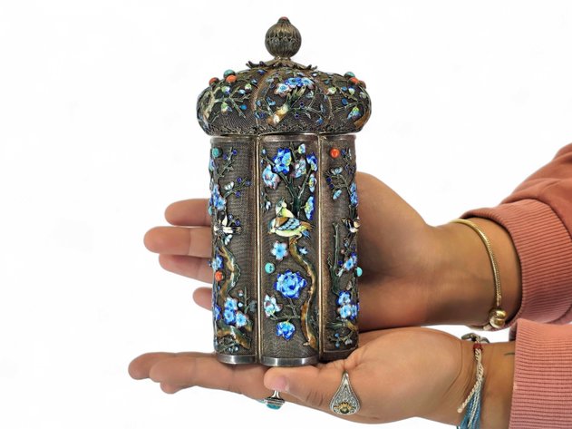 Chinese Silver-Gilt Filigree & Enamel Tea Caddy
