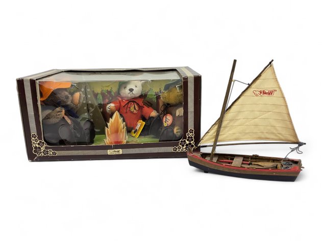 Steiff Nimrod Campfire Teddy Bear Set 0210/22, c.1983 w/ Boatswain Boat c.1996