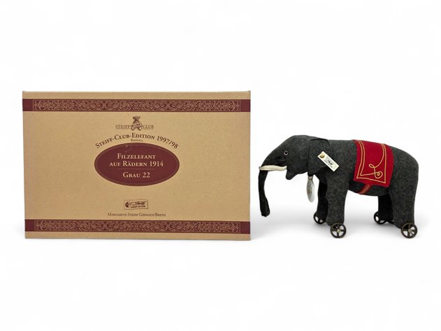Steiff Filzelefant auf Rädern 1914 Grau 22 420139, c.1997
