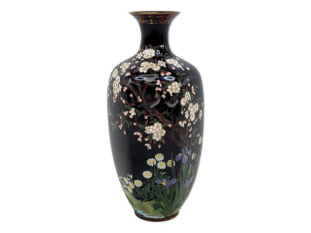 Meiji Japanese Cloisonné Bird, Cherry Blossom & Iris Vase