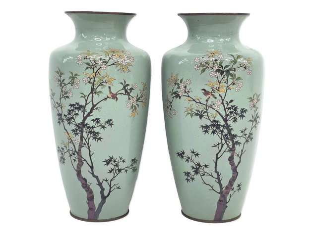 Pair of Meiji Celadon Cloisonné Bird & Blossom Vases