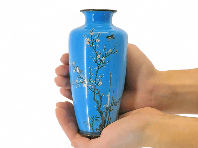 Meiji Japanese Sky-Blue Cloisonné Bird & Blossom Vase