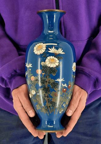 Meiji Japanese Blue Cloisonné Chrysanthemum Vase