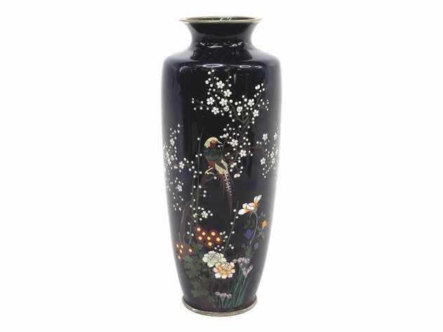 Meiji Japanese Cloisonné Golden Pheasant & Plum Blossom Vase