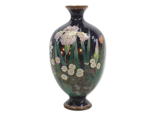Meiji Japanese Cloisonné Iris, Chrysanthemum & Sparrow Vase