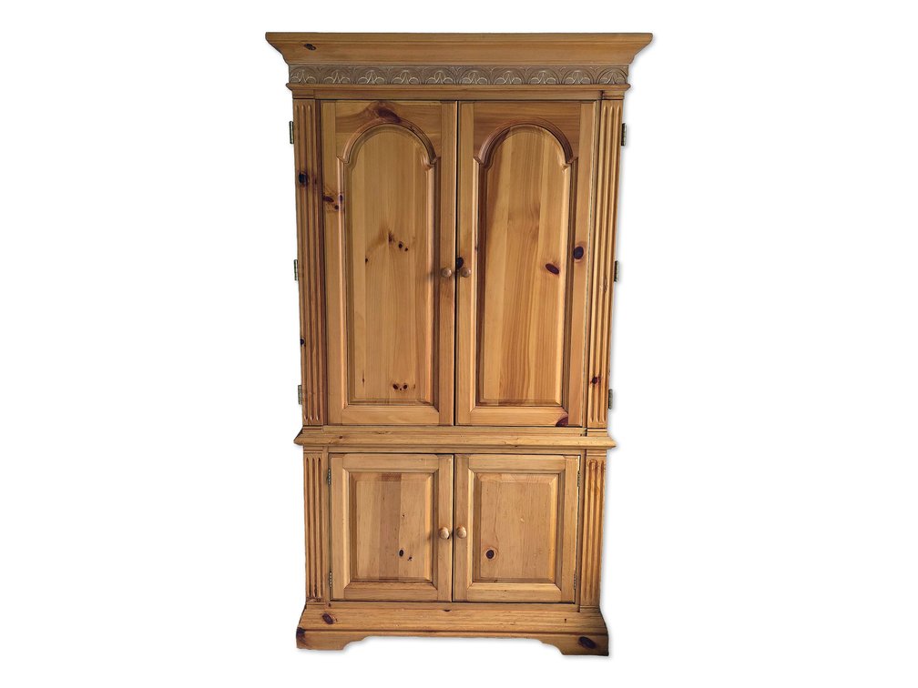 Tall Knotty-Pine Armoire with Carved Panels & Fitted Lower Storage