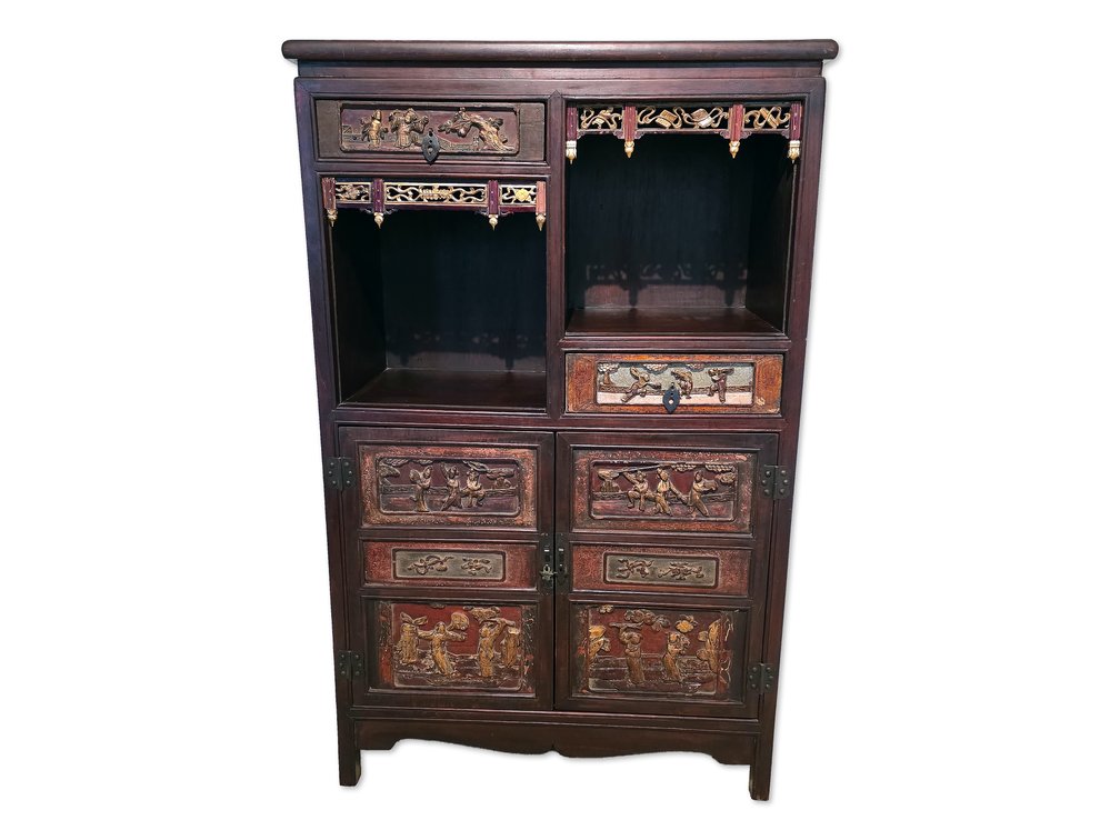 Qing Dynasty Chinese Carved Hardwood Duobaoge Display Cabinet with Figural Panels