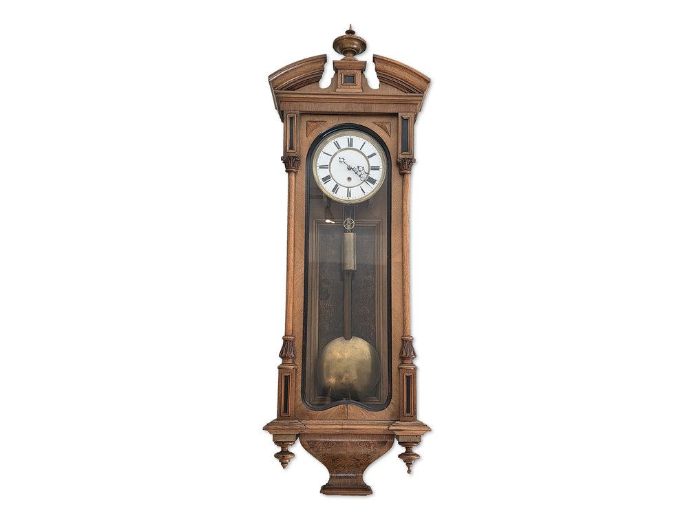 Vienna-Style Regulator Wall Clock with Roman Dial & Glazed Pendulum Case