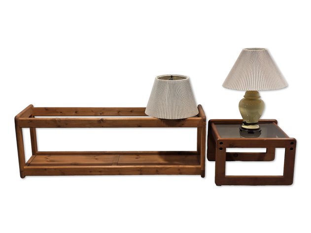 Mid-Century Scandinavian-Style Wooden Side Table & Coffee Table w/ Accent Lamp & Shades