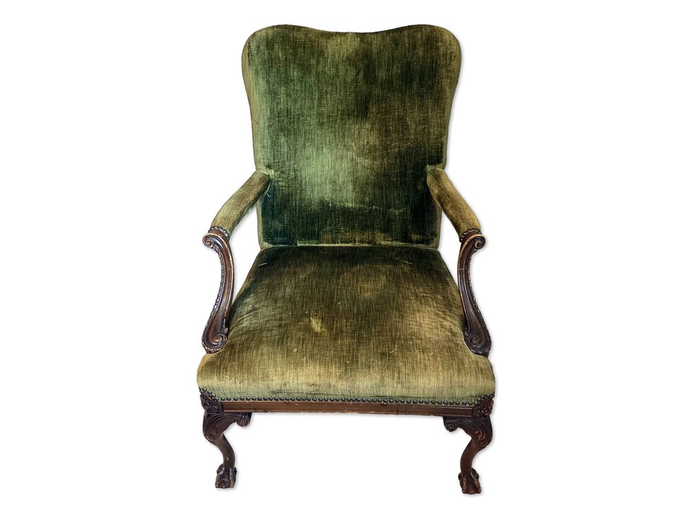 Carved Armchair with Crushed-Velvet-Style Upholstery & Ball-and-Claw Feet
