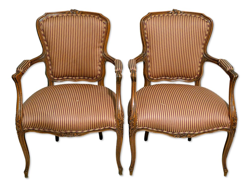 Pair of Louis XV-Style Fauteuil Armchairs with Carved Frames & Striped Upholstery