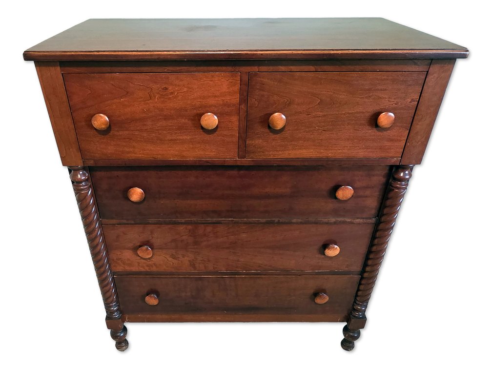 Five-Drawer Wooden Dresser with Rope-Twist Columns & Projecting Upper Drawers
