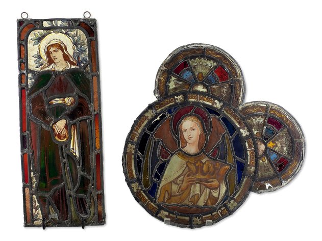 Pair of Arts and Crafts/Pre-Raphaelite Leaded Stained Glass Panels