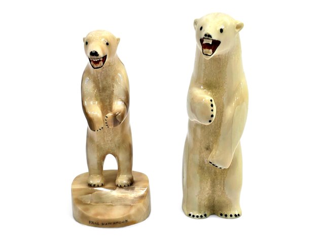 Two Large King Island Walrus Tusk Polar Bears – P. Nattanguk & M. Saclamana